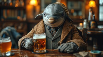  a statue of a dolphin sitting at a table with a glass of beer in front of it and a mug of beer in front of it on a table in a bar. - obrazy, fototapety, plakaty