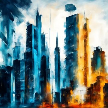 Artistic painting of skyscrapers.Abstract style. Cityscape panorama. Generative AI