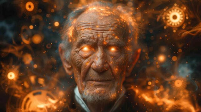 an old man with glowing eyes in front of a background of orange and blue circles of light and circles of circles of light in the center of the image is an old man's face.