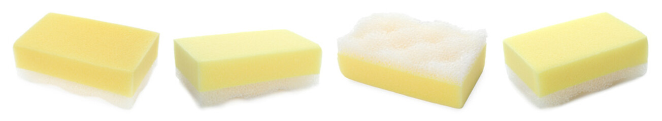 Different yellow sponges isolated on white, set