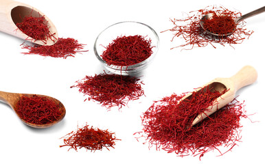 Dried red saffron isolated on white, set