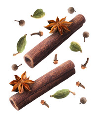 Cinnamon sticks and other aromatic spices falling on white background