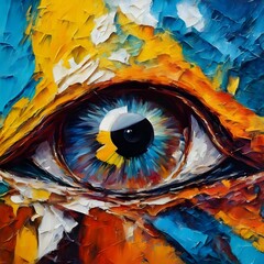 Abstract picture of the eye. Oil painting in colorful colors. Conceptual abstract closeup of an oil painting and palette knife on canvas. Generative AI