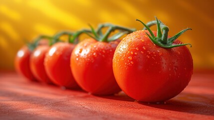  a row of tomatoes on a table with drops of water on the tops of the tomatoes and the tops of the tomatoes on the stems are still attached to the stems. - obrazy, fototapety, plakaty