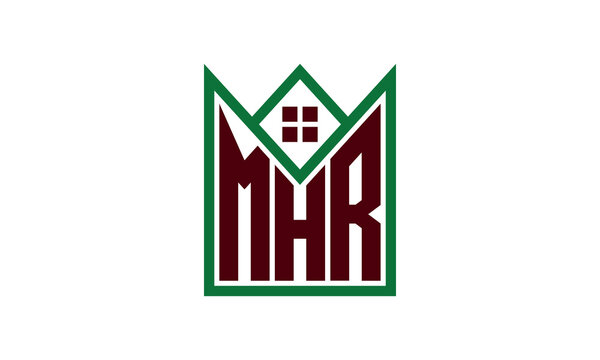 MHR initial letter real estate builders logo design vector. construction, housing, home marker, property, building, apartment, flat, compartment, business, corporate, house rent, rental, commercial