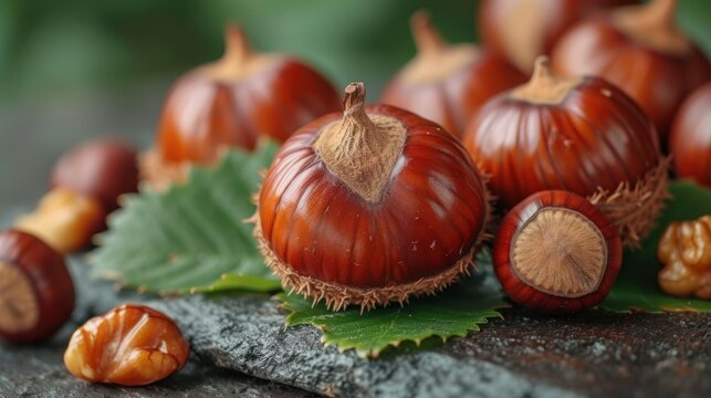 a group of chestnuts sitting on top of a rock next to leaves and nuts on top of a leafy green piece of wood with a few more chestnuts in the background.