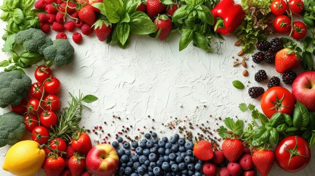  a variety of fruits and vegetables are arranged in a circle on a white surface, including broccoli, strawberries, blueberries, lemons, raspberries, and broccoli.