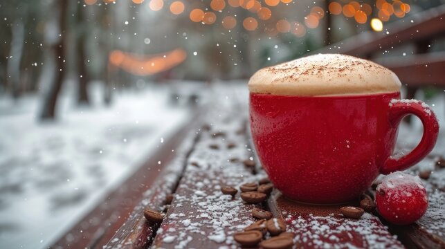  a red cup of coffee sitting on top of a wooden table next to a pile of coffee beans and a red apple on top of a snow covered wooden table.