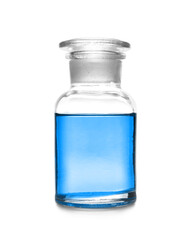 Reagent bottle with blue liquid isolated on white. Laboratory glassware