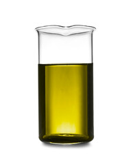 Beaker with yellow liquid isolated on white. Laboratory glassware
