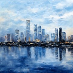 Fototapeta premium Skyline city view with reflections on water. Oil painting on canvas. Generative AI