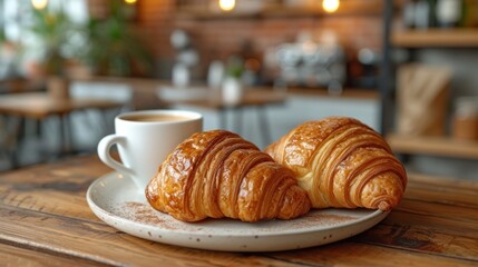  two croissants sitting on a plate next to a cup of coffee on a wooden table in a room with a blurry background of chairs and lights.