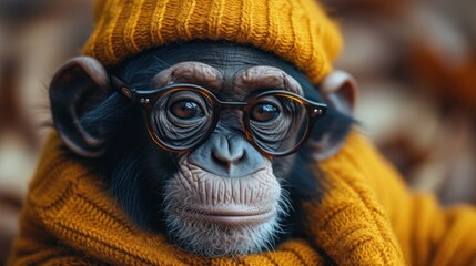  a close up of a monkey wearing a yellow sweater and a hat with glasses on it's head and wearing a knitted hat with a scarf around it's ears.
