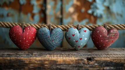  a row of hearts hanging from a rope on a wooden surface with a rusted wall in the background and a rope hanging from the top of a wooden plank.