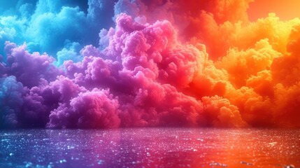  a group of colorful clouds floating on top of a body of water in front of a blue sky with a rainbow hued sky in the middle of the clouds.
