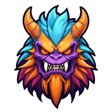Monster character cartoon logo badge design symbol cartoon flat style illustration, a colorful demon's head, professional character design,