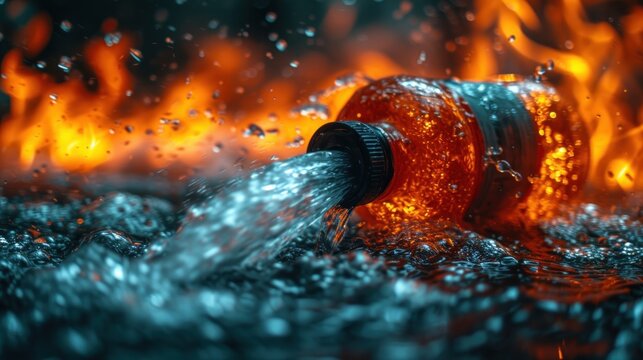  a fire hydrant spewing water out of it's spewer in front of a blazing wall of fire and water with orange and blue flames in the background.