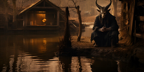 Bloodthirsty Satanic Goat Drawing, Goat Cult, old house in the forest, Eerie Deer With Detailed Costume, Generative AI
