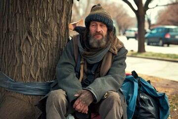 a homeless man on a city street. A Lonely Homeless Man