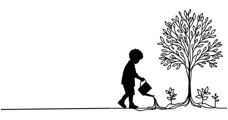 Continuous one black line art drawing Silhouette of children watering a tree. planting tree to save the world and earth day reduce global warming growth concept vector illustration on white background