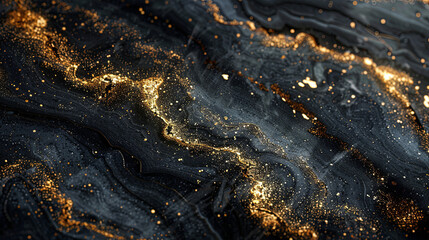 Abstract background with gold glitters. Black backdrop with floating glowing golden particles.