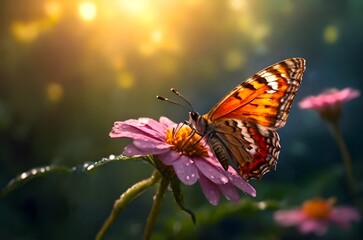 Obraz premium Butterfly with flower in a field with greenery and sunrise background