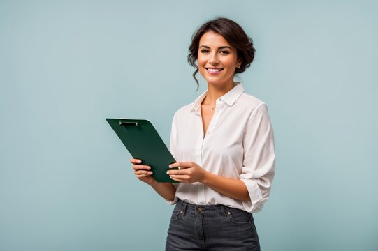 Woman Holding Clipboard Against Blue Background 