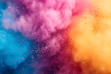 Freeze motion of colorful powder explosion on dark background. Holi celebration, festival of colors. Colored cloud, dust, gulal powder. Abstract texture for banner, poster, card, wallpaper - obrazy, fototapety, plakaty