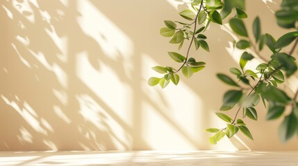 Soft light casting peaceful shadows of a houseplant on a warm-colored wall.