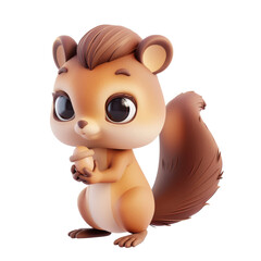 Fototapeta premium kawaii fluffy cartoon brown squirrel with bushy tail, alert eyes, and acorn in paws in scampering playful pose. Lovely animal minimal style. 3d render isolated transparent