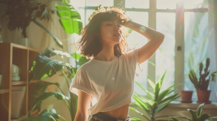 A young woman basks in the warm sunlight among vibrant indoor plants.
