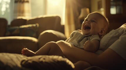 Joyful infant laughing while lying on mother's lap at home, intimate and tender family moment. Warm indoor setting with soft focus on baby's happiness and motherhood bond - AI generated - obrazy, fototapety, plakaty