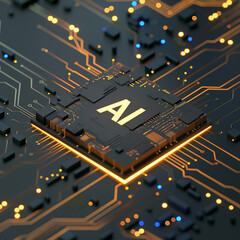 Futuristic AI technology concept with 'AI' text illuminated on a circuit board, representing artificial intelligence, machine learning, and advanced computing