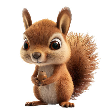 kawaii fluffy cartoon brown squirrel with bushy tail, alert eyes, and acorn in paws in scampering playful pose. Lovely animal minimal style. 3d render isolated transparent