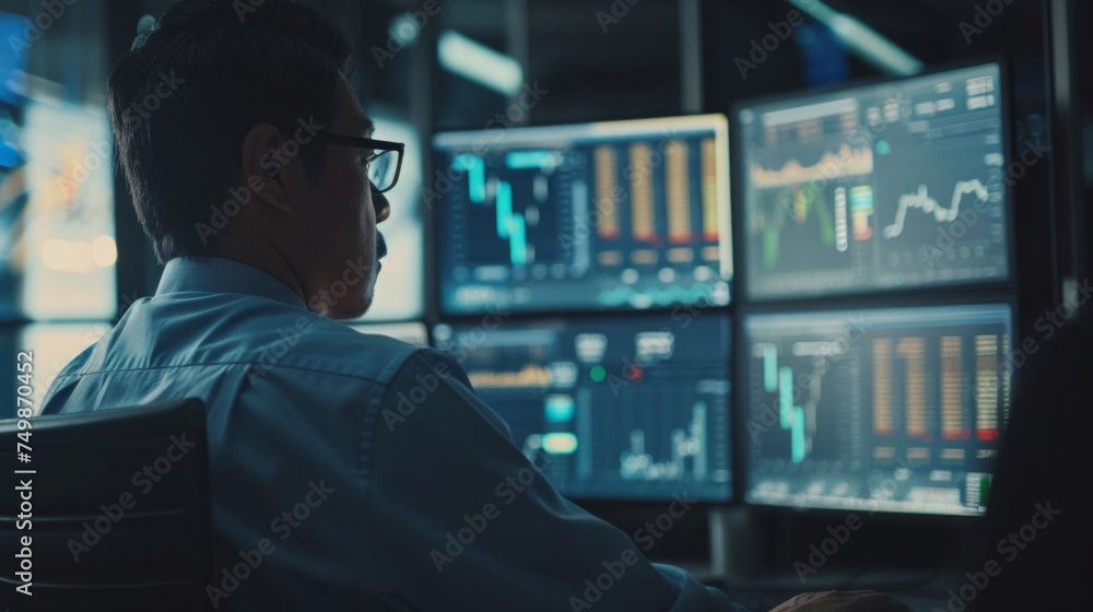 Poster a concentrated male trader analyzing financial charts on multiple computer screens in a dark office.
