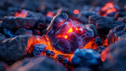 Intense red and blue embers glowing among dark coals, portraying heat and energy. - obrazy, fototapety, plakaty