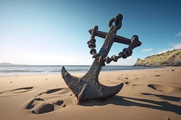 Fototapeten Old anchor on the sea coast, large heavy anchor. Old rusty anchor on the beach in the sand © decorator