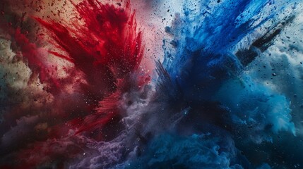 Vivid red and blue hues exploding in a dynamic and abstract expression of color and texture.
