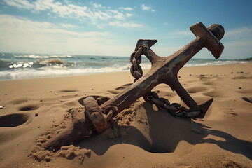 Old anchor on the sea coast, large heavy anchor. Old rusty anchor on the beach in the sand