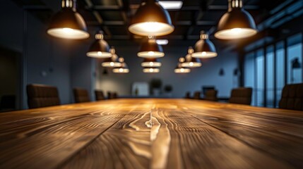 Warmly lit boardroom with focus on a wooden table and overhead lamps.