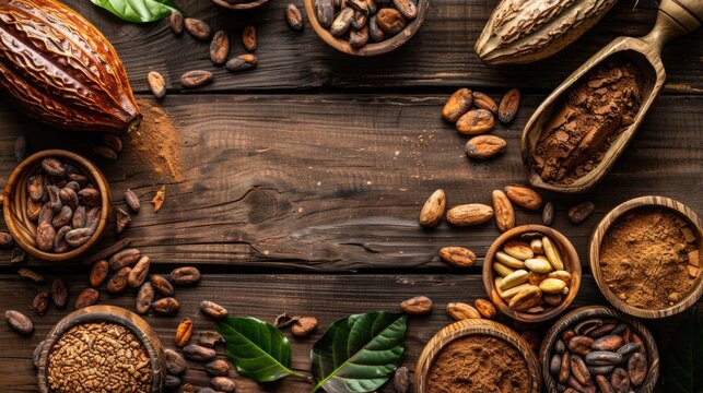 Cocoa beans and powder with green leaves on a dark wooden background.