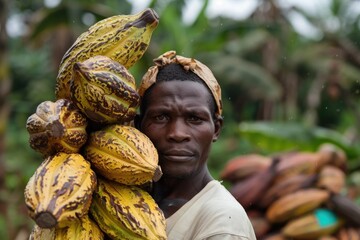 Man holding cocoa pods in a farm setting.