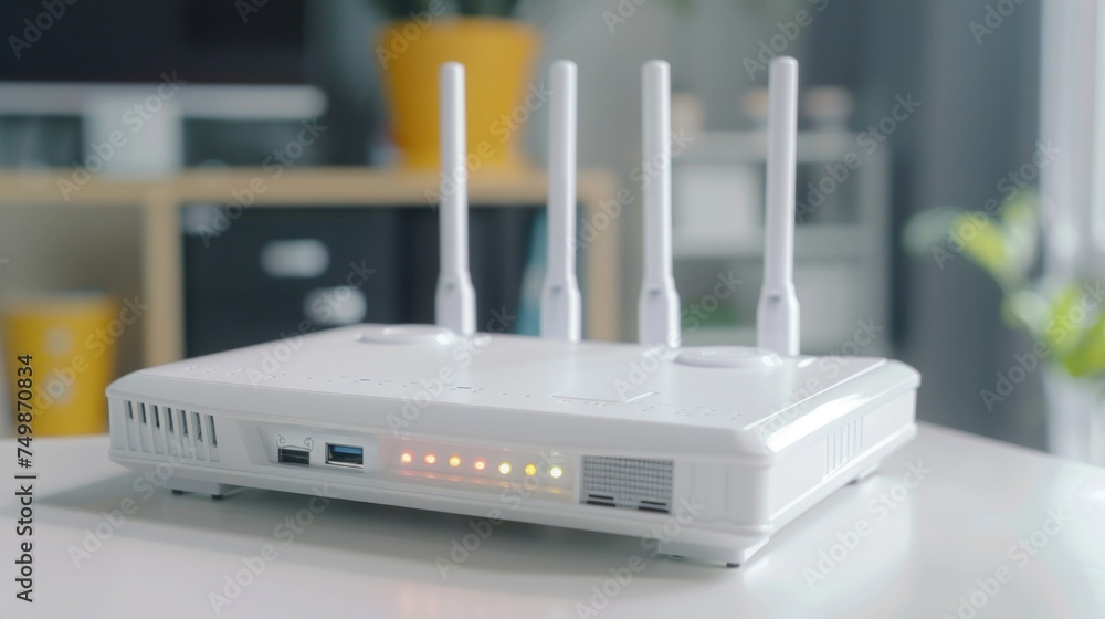 Poster a white wi-fi router with four antennas illuminated with indicator lights.