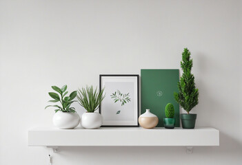 Two minimalist green decorations are displayed on a shelf on a white wall. 