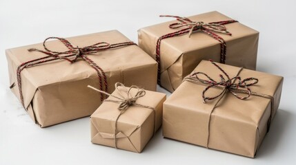 Four craft paper wrapped gifts with twine and red string on white background.