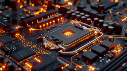 Fototapeta na wymiar motherboard of a computer with glowing elements modern technology background futuristic cyber tech wallpaper 