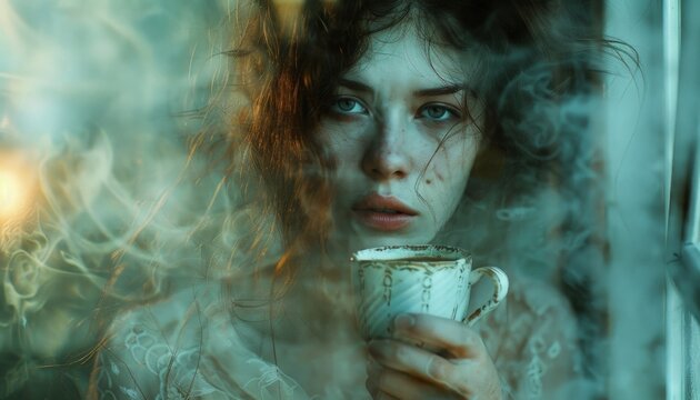 A woman drinks coffee between worlds: Dream and reality