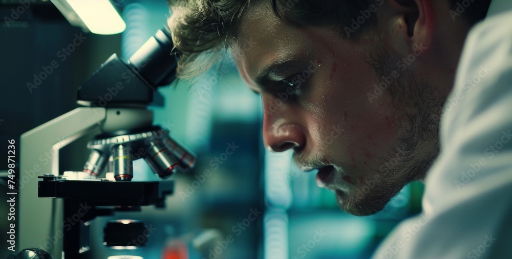 Aufkleber a focused young scientist closely examining samples through a microscope in a laboratory setting.