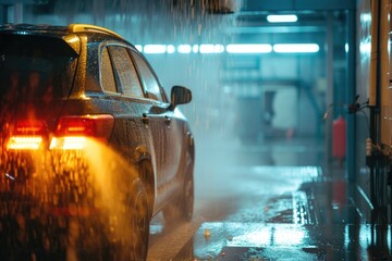 Car undergoing wash in automated carwash at night. - obrazy, fototapety, plakaty