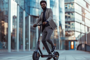 Businessman on electric scooter in urban environment.